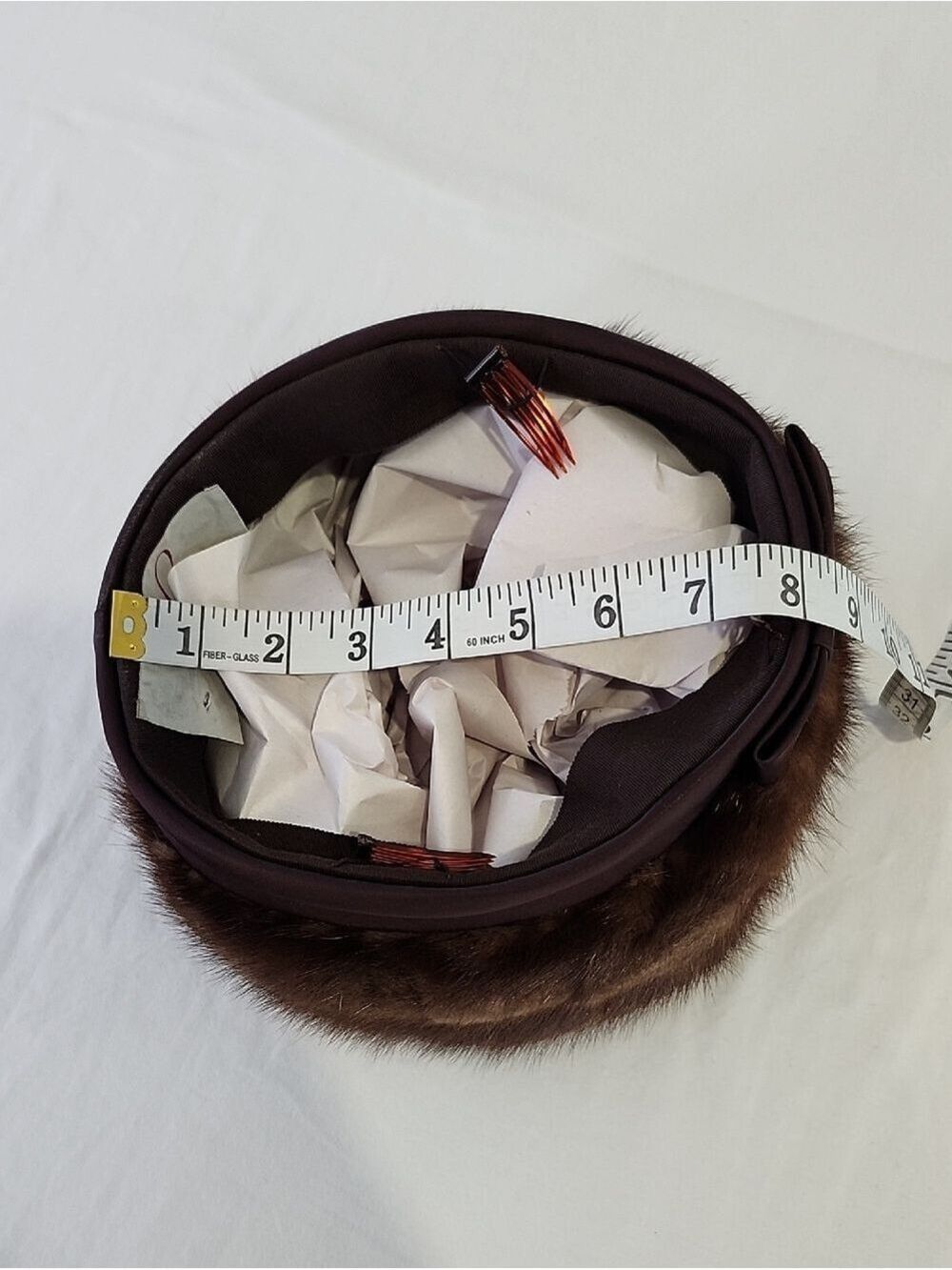 Vintage designed by Lora Brown Mink Fur Pillbox Hat Beret 24" Around Hat Band - Picture 7 of 9